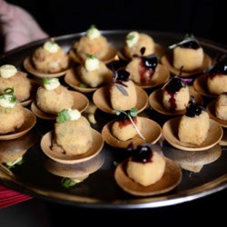 Malvarosa® & Duck Confit Croquetas, Crujiente de Mitica®: Pan-fried Nuvola di Pecora®, Casa Forcello® Amarena Cherry Compote