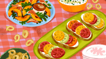 Picnic blanket with spread of salads, dips, toasts, and Taralli crackers