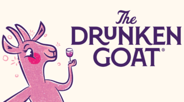 Pink goat with glass of wine and The Drunken Goat logo