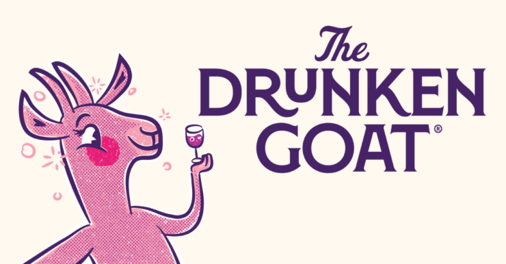 Pink goat with glass of wine and The Drunken Goat logo